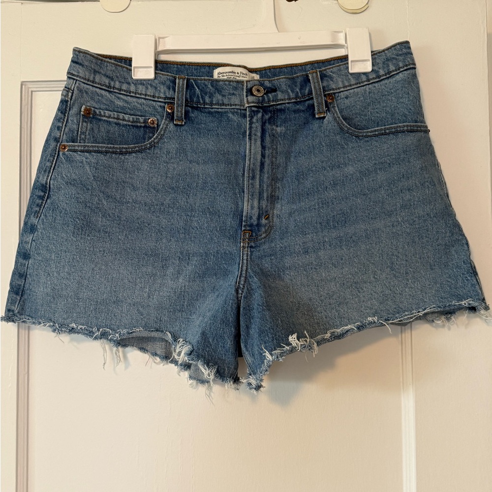 Abercrombie & Fitch Raw-Hem High-Rise Denim Shorts - Blue